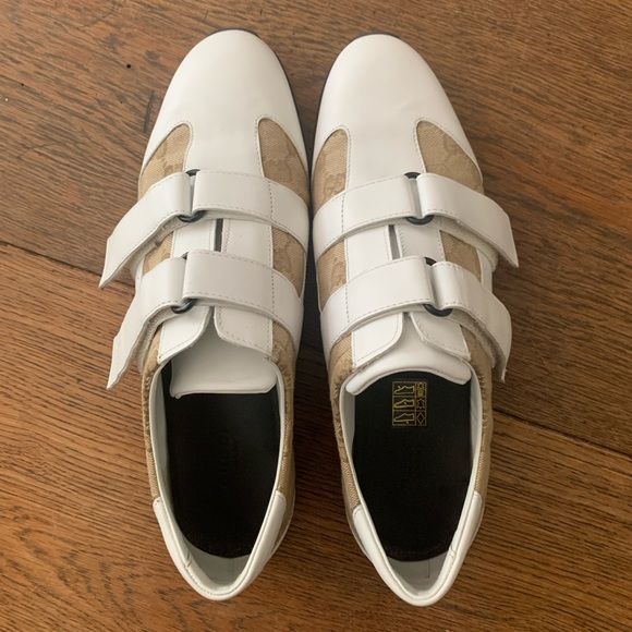 Gucci White-Beige GG Canvas and Leather Velcro Sneakers - Picture 3 of 5